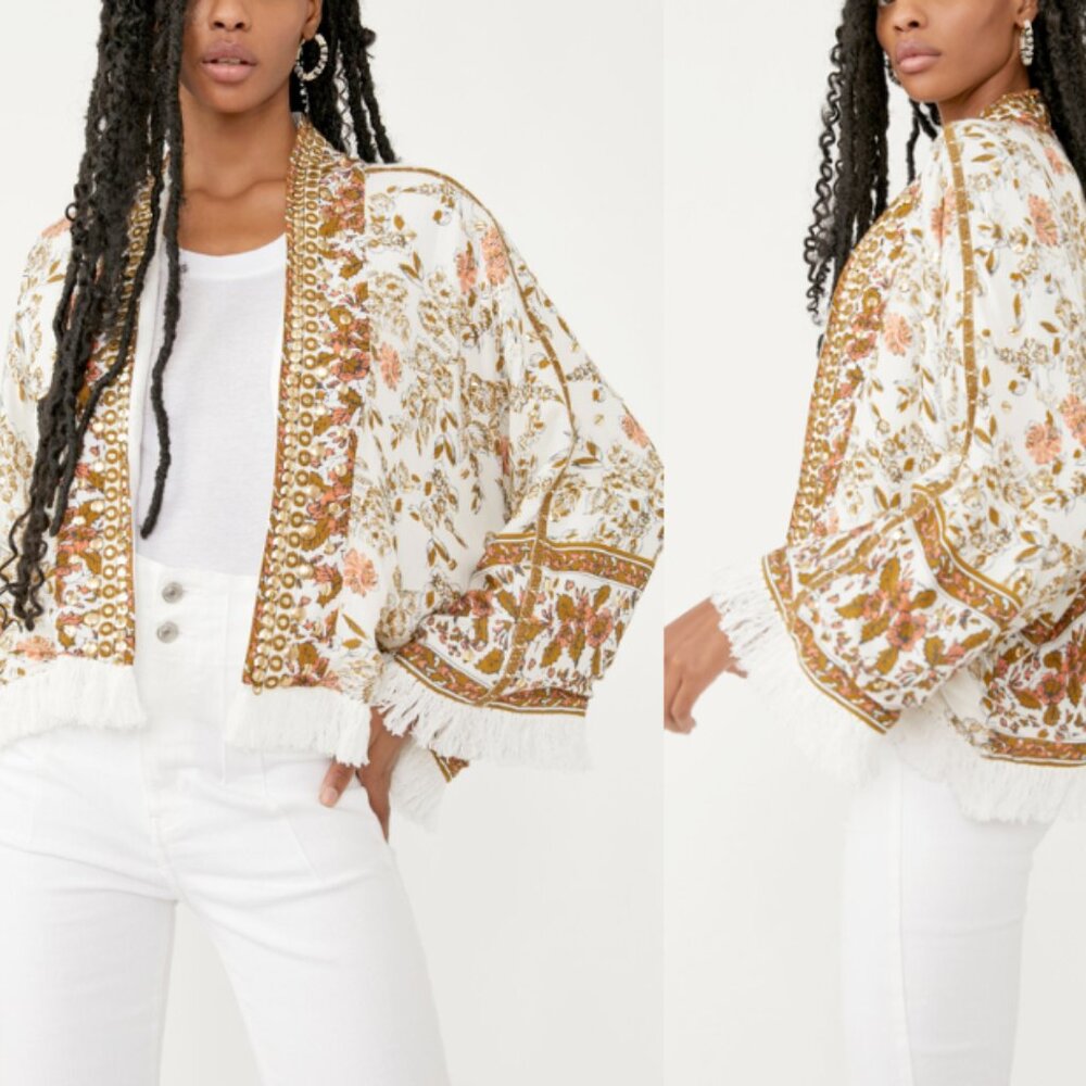 Tribal Rays Of Light Duster Embellished Floral Kimono Cardigan Fringe S/M - Picture 9 of 14